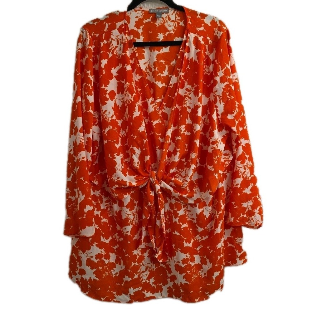 NEW Women V-Neck Orange Floral Flowy Long Sleeve Top Blouse Size 24
